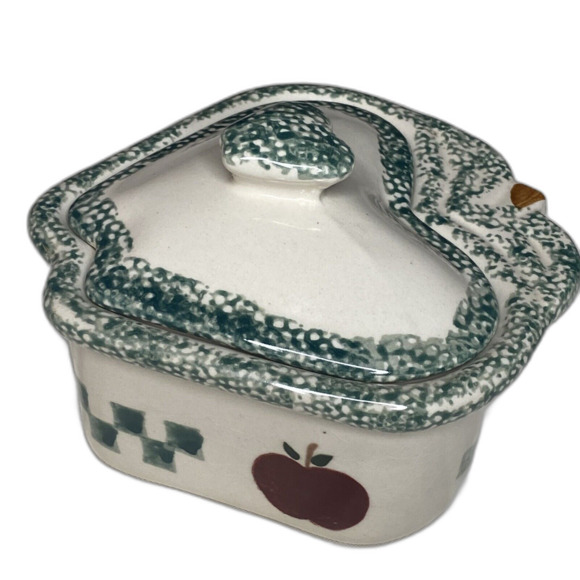 Vintage Heart Shaped Apple Themed Ceramic Sugar Bowl with Lid Ivory Green 4.5" - Picture 4 of 9